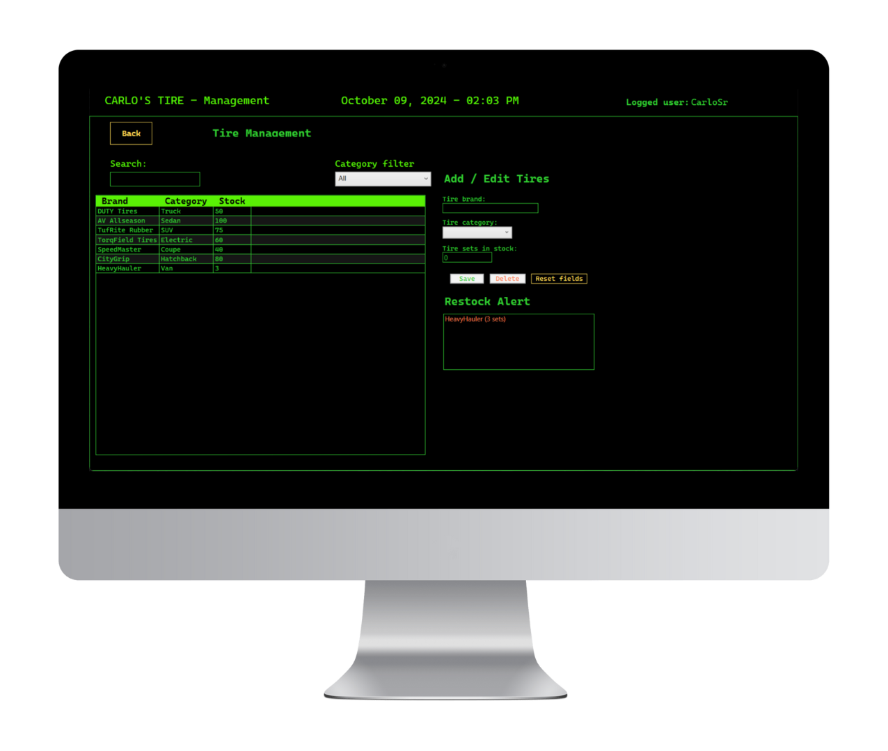 Tire management page for tire inventory control